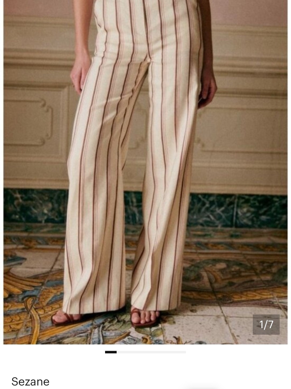 Sezane Cream Brown Stripe High-Waist Wide-Leg Pants with Burgundy Rose Stripes